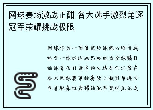 网球赛场激战正酣 各大选手激烈角逐冠军荣耀挑战极限