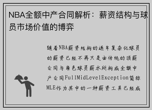 NBA全额中产合同解析：薪资结构与球员市场价值的博弈