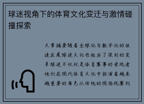 球迷视角下的体育文化变迁与激情碰撞探索
