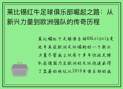 莱比锡红牛足球俱乐部崛起之路：从新兴力量到欧洲强队的传奇历程